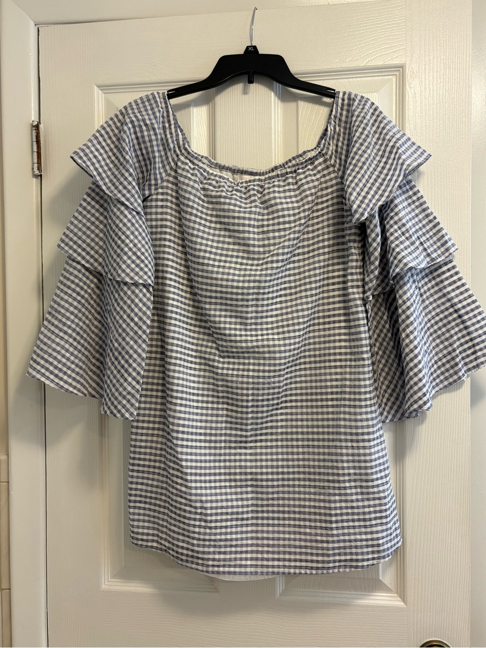 WAYF Gingham Tiered Ruffle Sleeve Off-the-Shoulder Dress / Tunic Top - Size M